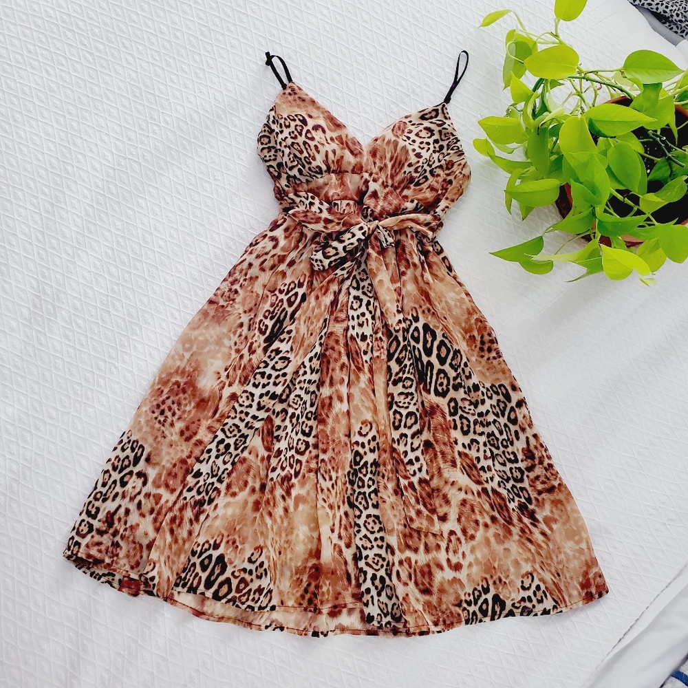 Vintage Y2K MAJORA Animal Print Pleated Chiffon Dress